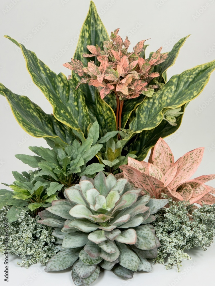 Obraz premium A vibrant arrangement of various indoor plants showcasing diverse textures and colors.