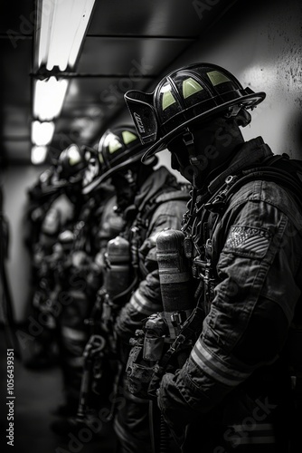 Firefighters inspect their equipment before heading out on a call. They check hoses, helmets, and other gear, Generative AI