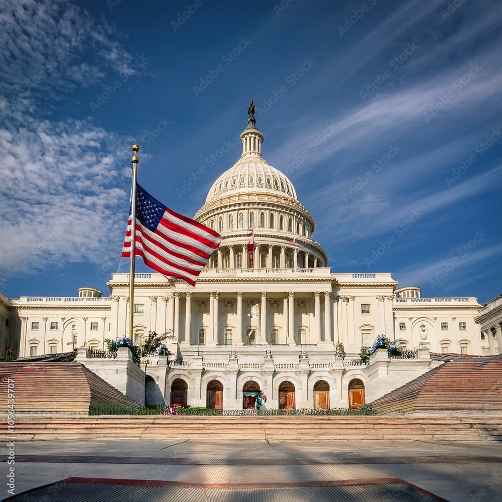 The American flag proudly displayed before the Capitol in Washington, a timeless image of U.S. heritage and governance, ideal for patriotic uses. The American flag proudly displayed before the Capitol in Washington, a timeless image of U.S. heritage and governance, ideal for patriotic uses.