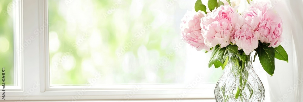 A bouquet of pink peonies in a clear vase by a sunlit window. A bouquet of pink peonies in a clear vase by a sunlit window.