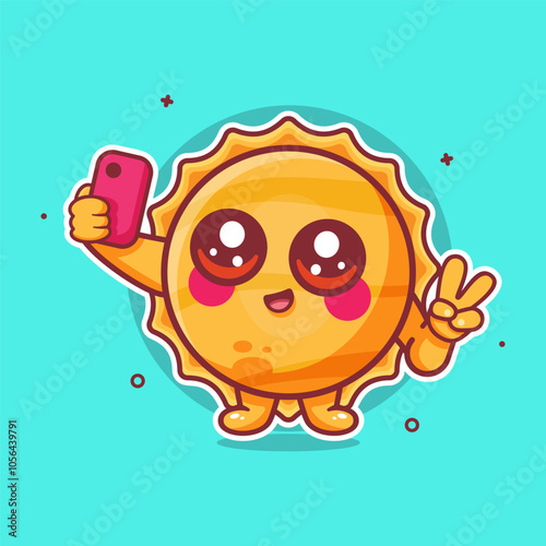 happy sun character mascot taking a selfie with a smartphone isolated cartoon in flat style design 