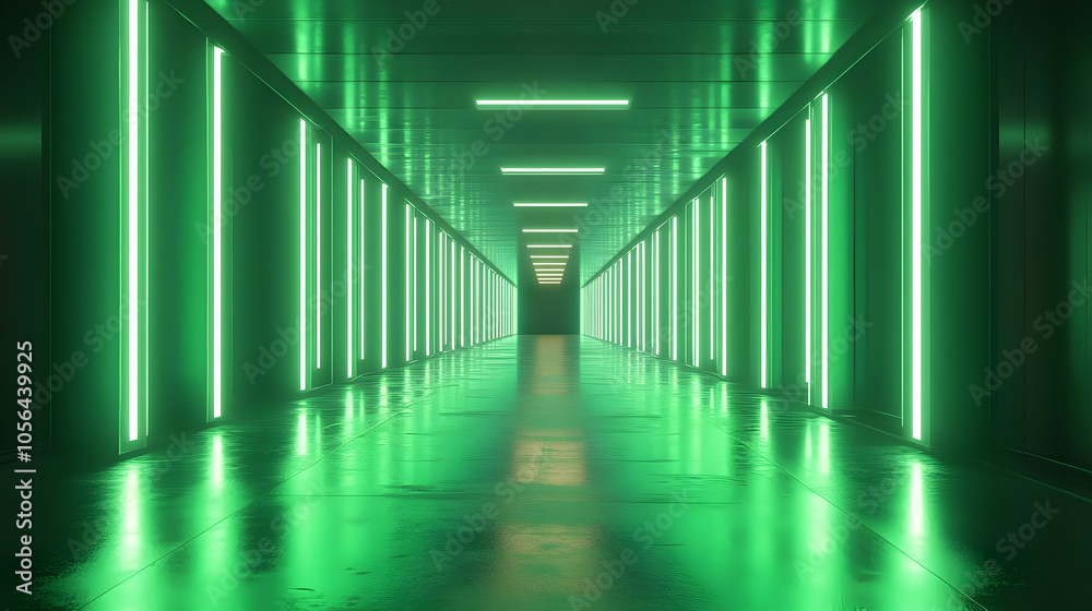 Green Neon Lights Corridor - 3D Illustration Green Neon Lights Corridor - 3D Illustration