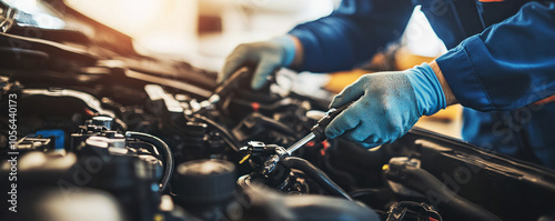 A mechanic is working on a car engine. Concept of precision and expertise as the mechanic carefully inspects and repairs the engine. The blue and white color scheme of the mechanic's uniform