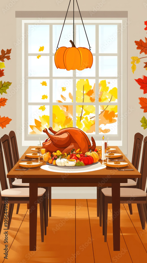 A Thanksgiving dinner is set on a wooden table with a turkey and a pumpkin hanging from the ceiling. The table is set with plates, forks, knives, and spoons, and there are several bowls A Thanksgiving dinner is set on a wooden table with a turkey and a pumpkin hanging from the ceiling. The table is set with plates, forks, knives, and spoons, and there are several bowls