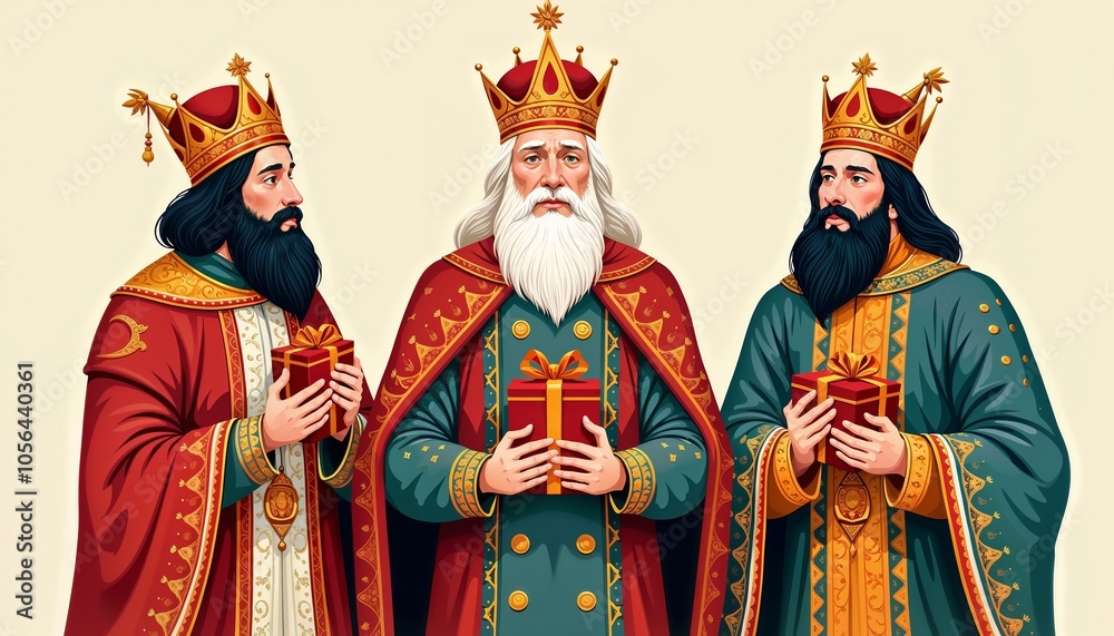 Fototapeta premium Three Wise Men holding gifts for Día de los Reyes celebration