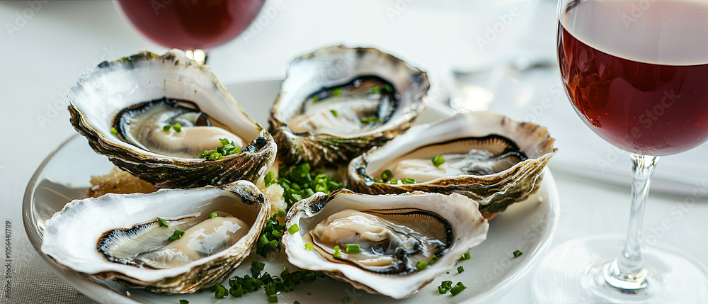 Oysters, lightly breaded and fried in butter with green onion pieces on top of the oyster shell, generative AI Oysters, lightly breaded and fried in butter with green onion pieces on top of the oyster shell, generative AI
