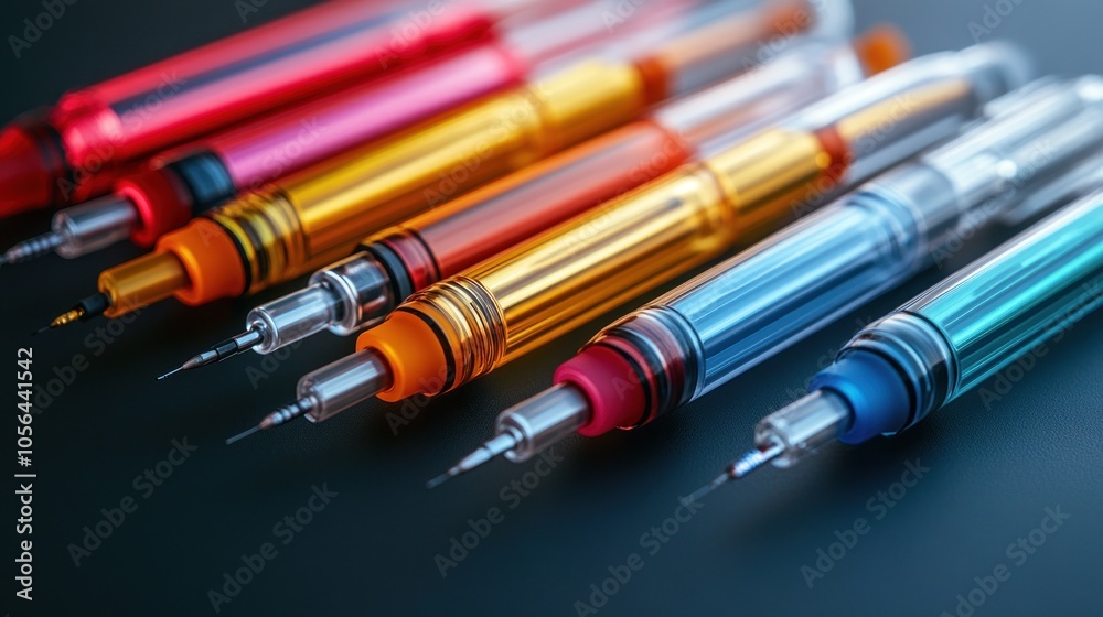 A row of colorful syringes on a dark background. A row of colorful syringes on a dark background.