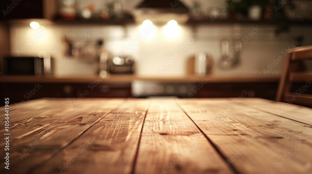Blurred kitchen background with a wooden table. Blurred kitchen background with a wooden table.