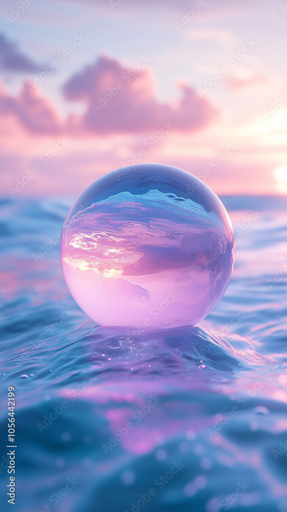 Realistic Crystal Ball Floating in Blue Ocean – Surreal Shades of Pink and Purple with Deep Sea Backdrop Realistic Crystal Ball Floating in Blue Ocean – Surreal Shades of Pink and Purple with Deep Sea Backdrop
