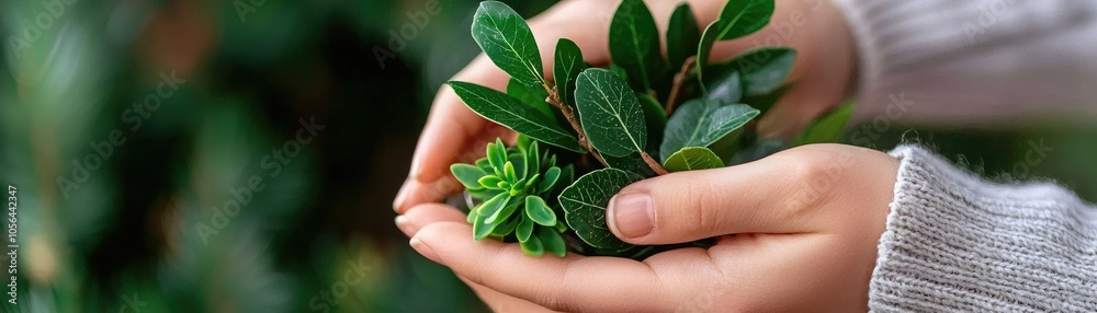 A pair of hands gently holds a collection of vibrant green plants, symbolizing care for nature and the environment amidst a lush backdrop. A pair of hands gently holds a collection of vibrant green plants, symbolizing care for nature and the environment amidst a lush backdrop.