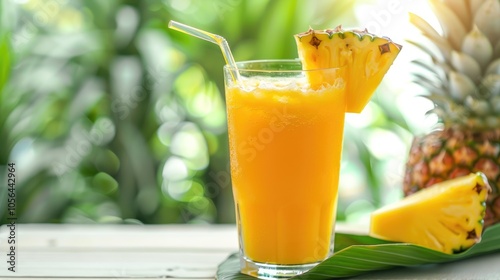 Glass of chilled pineapple juice with green leaves and straw on sunny table against white backdrop