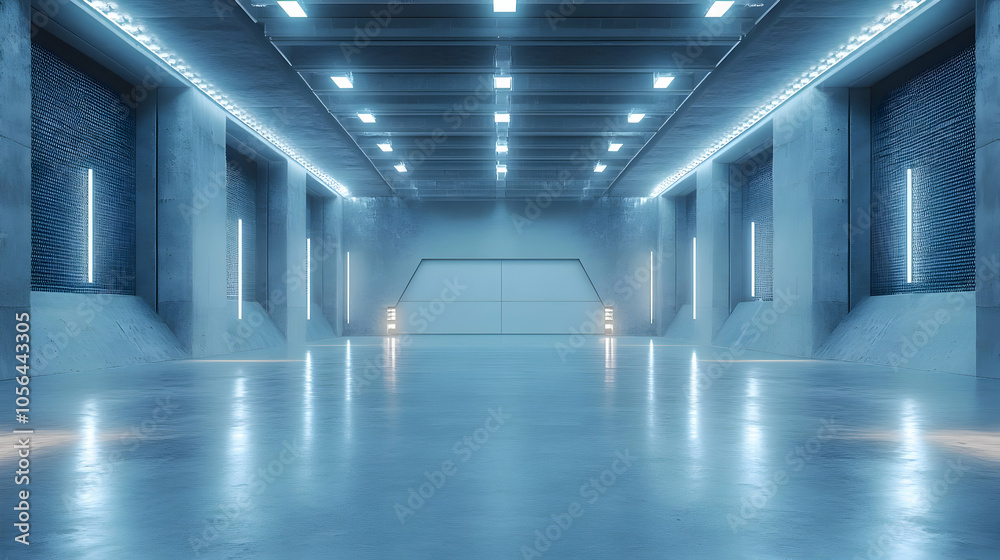 Fototapeta premium Futuristic Concrete Hallway with Blue Lighting - 3D Illustration