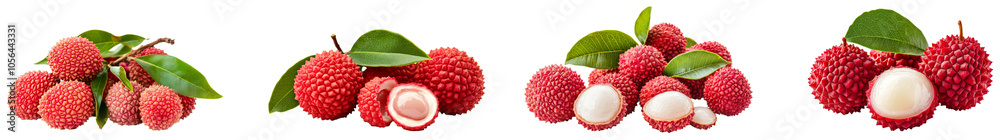 Fresh lychee fruits with vibrant colors and rich textures. Set of png on transparent background