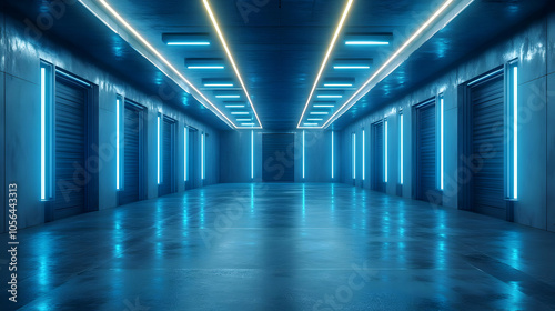 Blue Neon Lights Corridor 3D Illustration