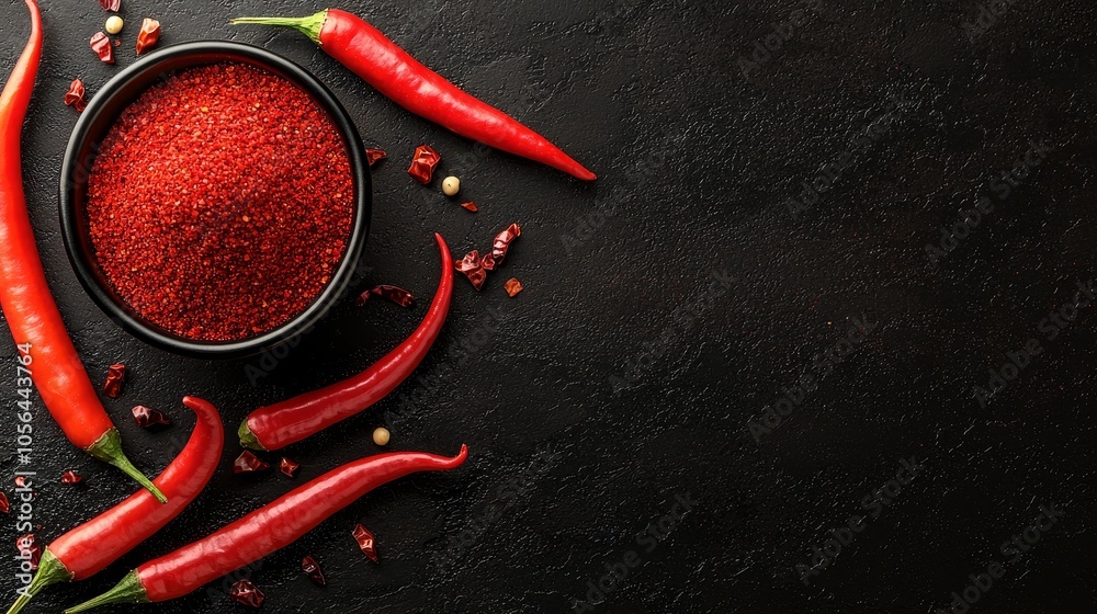 Flat lay of vibrant powdered and raw chili peppers on dark textured background, space for text, bold colors and sharp details, spicy culinary essence Flat lay of vibrant powdered and raw chili peppers on dark textured background, space for text, bold colors and sharp details, spicy culinary essence