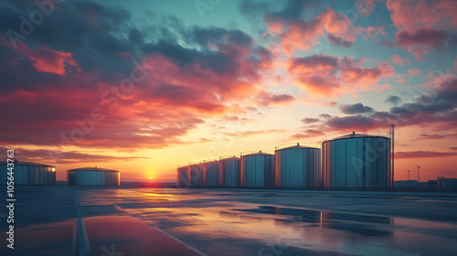 Industrial Sunset: Silhouettes of Cylindrical Tanks Against a Vibrant Sky