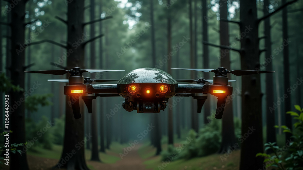 Aerial drone captures forest exploration at twilight surrounded by tall trees and mist Aerial drone captures forest exploration at twilight surrounded by tall trees and mist