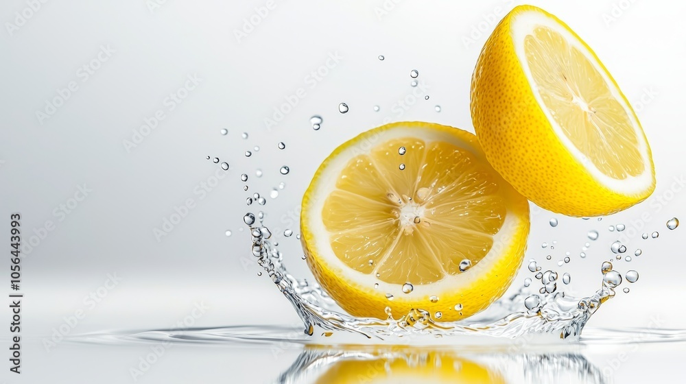 Floating lemon slices in motion, droplets of juice flying from the cut edges, casting soft shadows on a bright white surface, clean minimalist style Floating lemon slices in motion, droplets of juice flying from the cut edges, casting soft shadows on a bright white surface, clean minimalist style