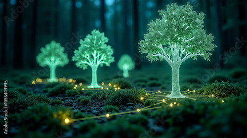 A serene forest landscape with glowing trees and connecting lights in a tranquil, mystical environment at night