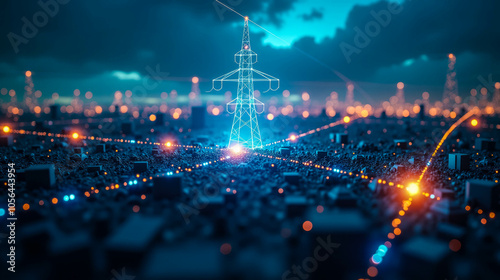 An illuminated power tower stands amidst a futuristic cityscape at twilight, showcasing energy connectivity and urban advancement