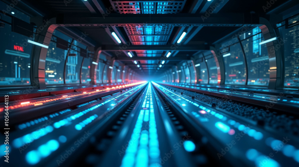 Futuristic underground transit system illuminated with blue lights and tracks at nighttime Futuristic underground transit system illuminated with blue lights and tracks at nighttime