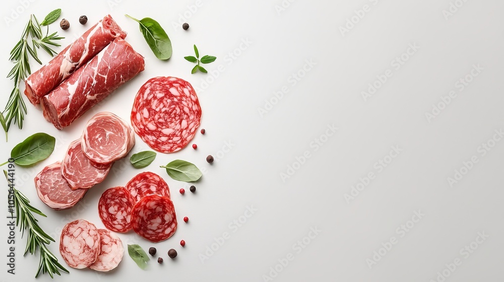 High-quality flat lay of various fresh meats on a textured grey table, modern minimalist style for gourmet marketing High-quality flat lay of various fresh meats on a textured grey table, modern minimalist style for gourmet marketing