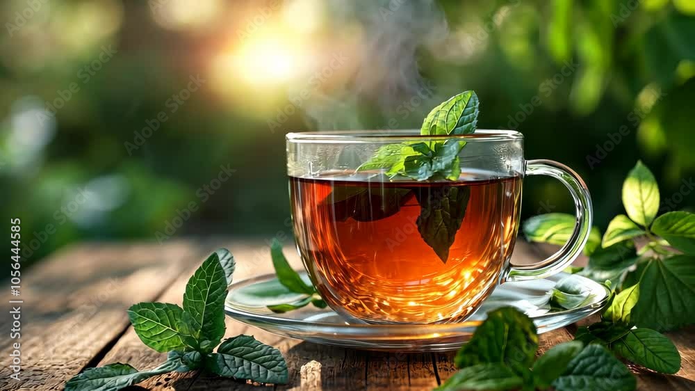 black tea with mint in glass cup on wooden table with green natural blurred background Video