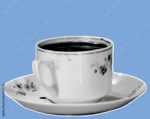 close up of traditional indonesian cup of coffee pixelate grayscale color halftone dotted texture style collage element isolated on blue background