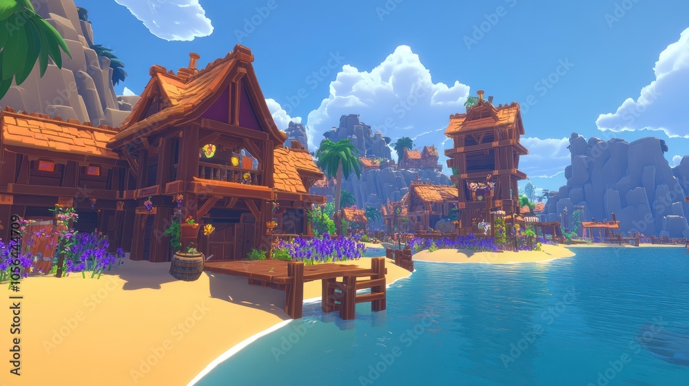 Obraz premium A vibrant coastal village with wooden houses, palm trees, and a serene beach by the water.
