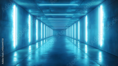 Blue Neon Lights In A Concrete Tunnel - 3D Illustration