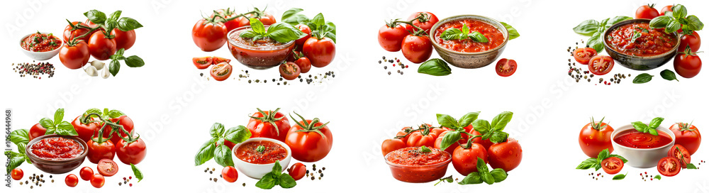 Fresh tomatoes and basil enhance culinary creations. Set of png on transparent background Fresh tomatoes and basil enhance culinary creations. Set of png on transparent background