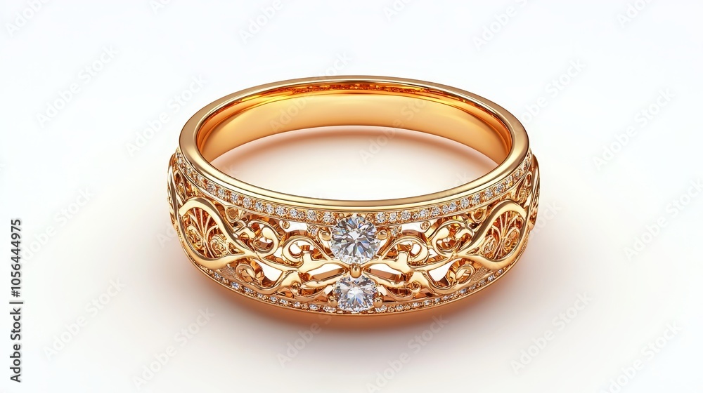 Intricate yellow gold ring with filigree detailing and diamond, isolated white background, high-quality 3D render for luxury jewelry advertising Intricate yellow gold ring with filigree detailing and diamond, isolated white background, high-quality 3D render for luxury jewelry advertising