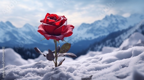 Vibrant red rose blooming amidst snowy mountain landscape, contrasting beauty of nature's warm and cold elements


