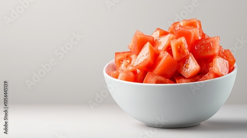 Realistic diced tomatoes in a white porcelain bowl, sharp details, fresh and ripe, a perfect ingredient for salads or Mediterranean dishes