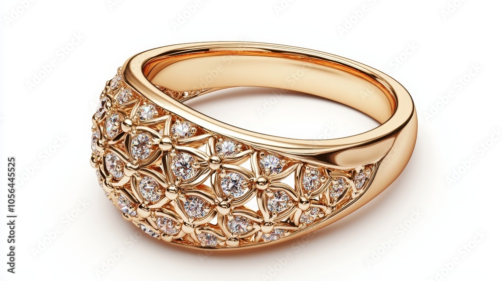 Detailed 3D rendering of a diamond-studded yellow gold ring with filigree patterns, isolated on white, luxury and elegance, jewelry promotion Detailed 3D rendering of a diamond-studded yellow gold ring with filigree patterns, isolated on white, luxury and elegance, jewelry promotion