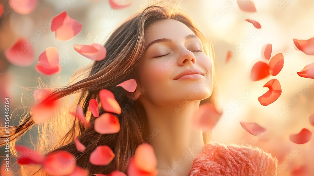 A young woman with long flowing hair standing in a field of delicate flower petals, her eyes closed in ecstasy A young woman with long flowing hair standing in a field of delicate flower petals, her eyes closed in ecstasy