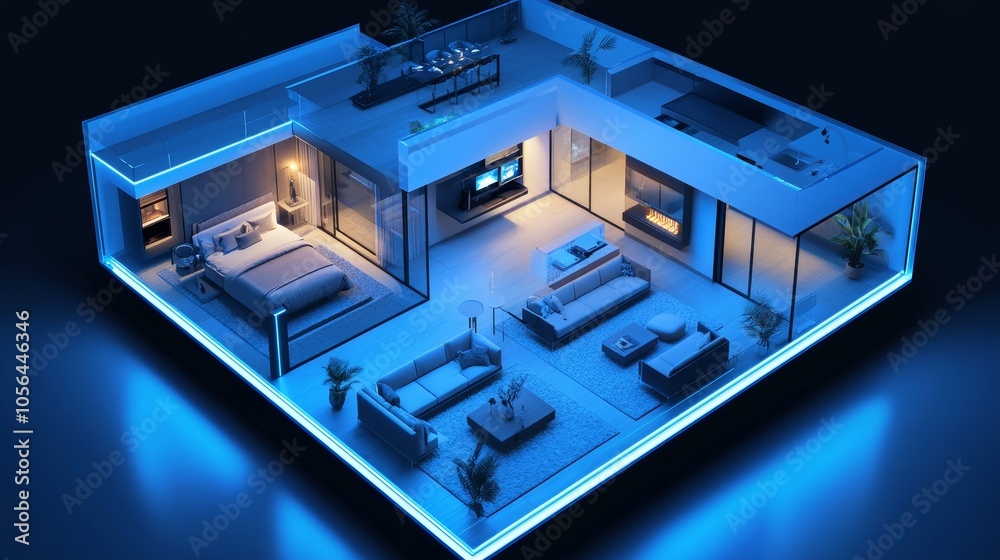 Isometric 3D view of a smart home model with transparent walls, displaying embedded sensors, automated lighting, and advanced HVAC control systems Isometric 3D view of a smart home model with transparent walls, displaying embedded sensors, automated lighting, and advanced HVAC control systems