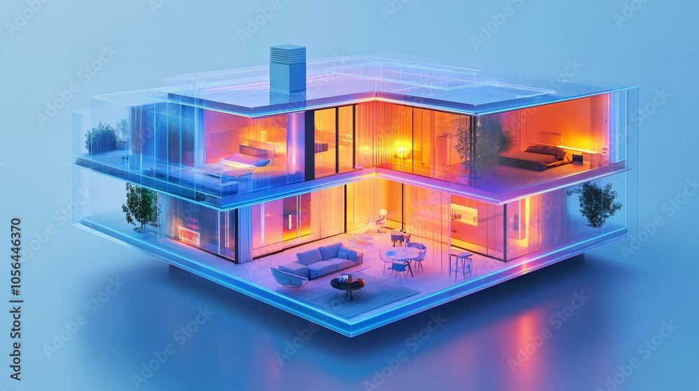 Isometric 3D view of a smart home model with transparent walls, displaying embedded sensors, automated lighting, and advanced HVAC control systems Isometric 3D view of a smart home model with transparent walls, displaying embedded sensors, automated lighting, and advanced HVAC control systems