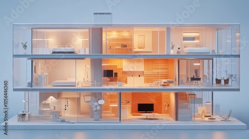 Isometric 3D view of a smart home model with transparent walls, displaying embedded sensors, automated lighting, and advanced HVAC control systems