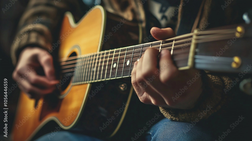 Obraz premium close-up view of hand playing guitar.ai generative