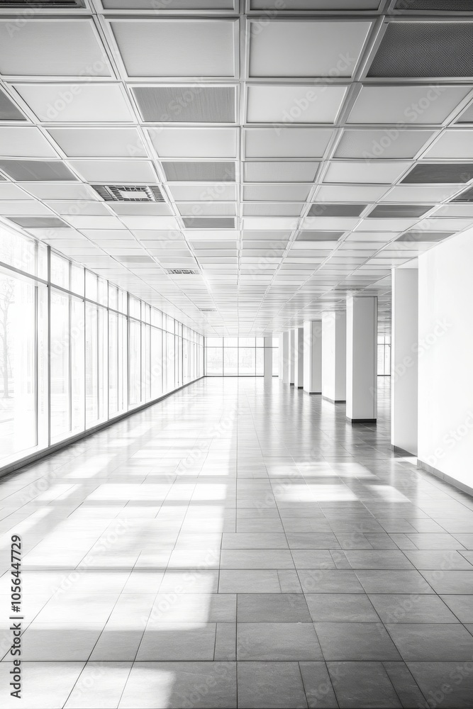 A long, empty hallway with white walls and a white ceiling. The floor is made of tiles and the room is illuminated by sunlight A long, empty hallway with white walls and a white ceiling. The floor is made of tiles and the room is illuminated by sunlight