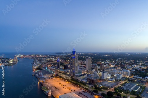 Downtown Mobile waterfront skyline at sunset