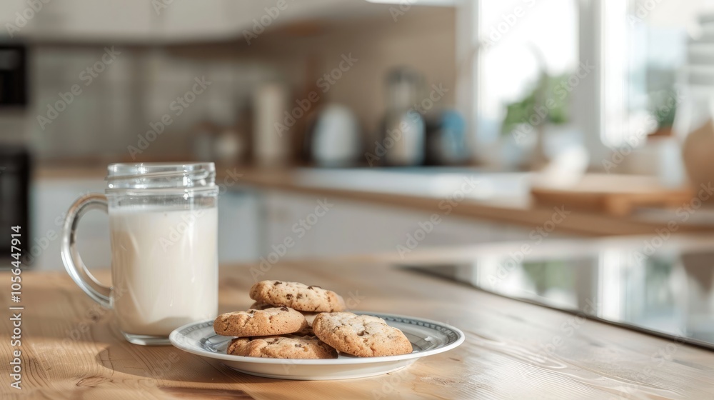 Modern kitchen table with cookies and milk glass. Modern kitchen table with cookies and milk glass.
