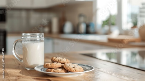 Modern kitchen table with cookies and milk glass.