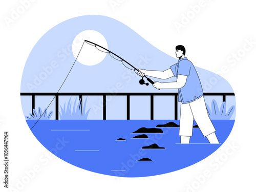 Man fishing at river. Fishing illustration. Flat vector illustration.