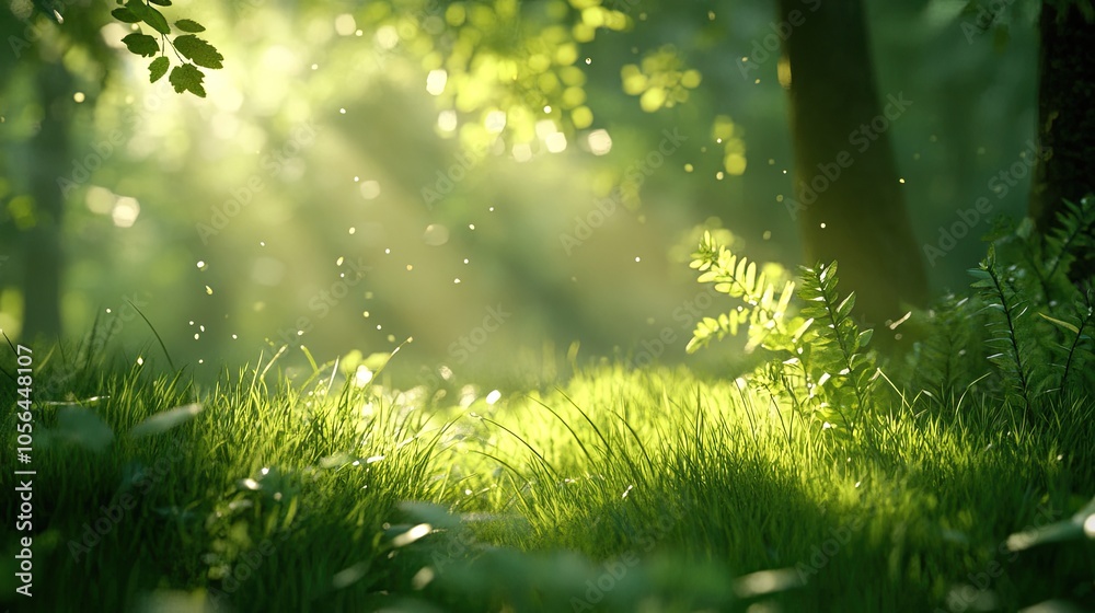 Green grass and leaves in sunlight. This image depicts a serene forest scene, perfect for nature-themed projects or designs. Green grass and leaves in sunlight. This image depicts a serene forest scene, perfect for nature-themed projects or designs.