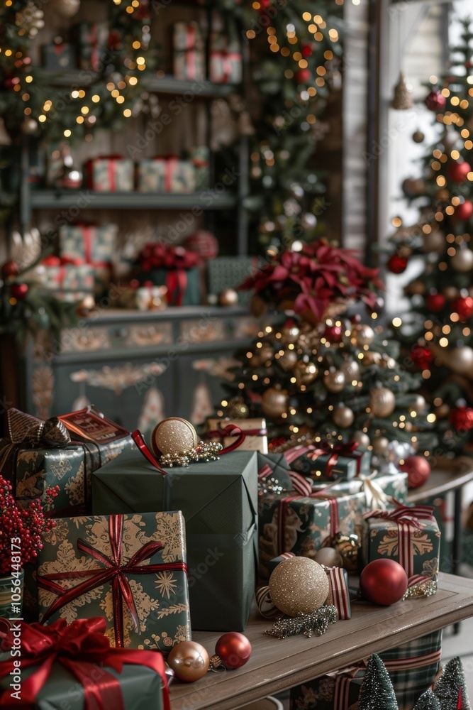 Fototapeta premium Holiday setup with gifts and decorations arranged from the back, capturing the festive cheer.