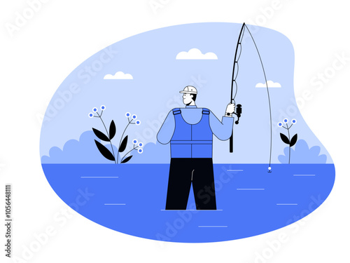 Man fishing at river. Fishing illustration. Flat vector illustration.