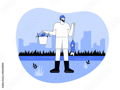 Man catches fish. Fishing illustration. Flat vector illustration.