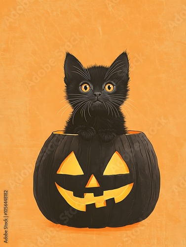 A captivating composition capturing the essence of Halloween, featuring a mischievous black cat sitting inside a traditional jackolantern against a vibrant orange backdrop. photo